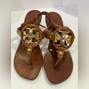 Tory Burch Miller Tan Leather Kitten Heel Sandals 8 1/2 EUC